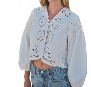 NEW AARON & AMBER denim embroidey volume sleeve blouse top in off white